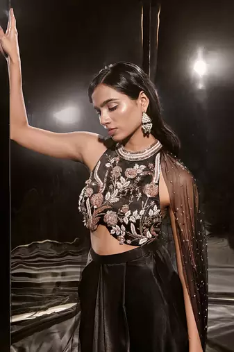 Black Embroidered Dhoti Set With Cape