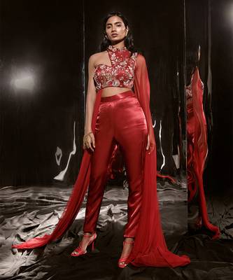 Red Embroidered Pant Set With Drape 1
