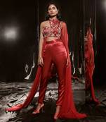 Red Embroidered Pant Set With Drape