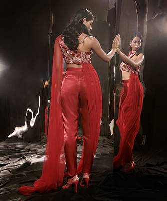Red Embroidered Pant Set With Drape 2