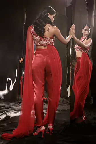 Red Embroidered Pant Set With Drape