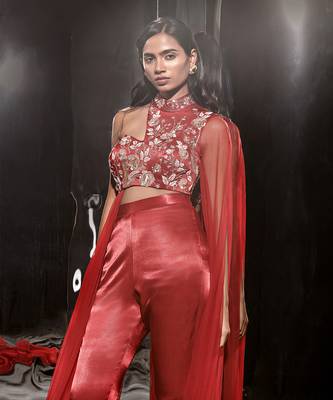 Red Embroidered Pant Set With Drape 3