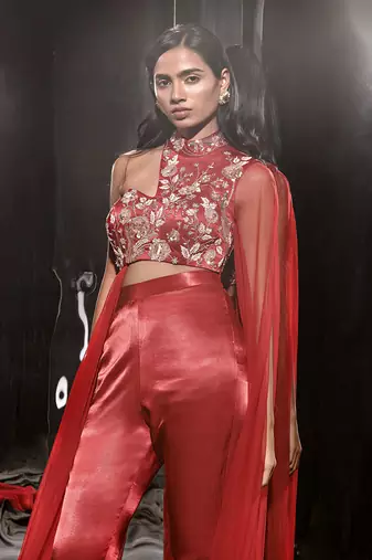 Red Embroidered Pant Set With Drape