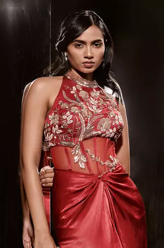 Red Embroidered Corset Dress