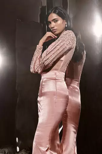 Rose Pink Embroidered Bodysuit With Skirt