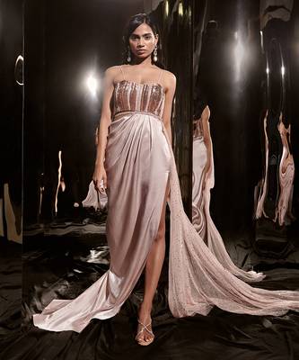 Pinkish Nude Embroidered Dress With Drape 1