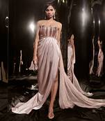 Pinkish Nude Embroidered Dress With Drape