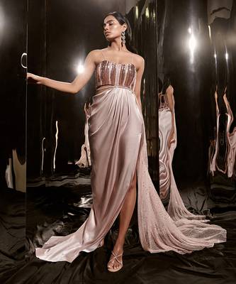 Pinkish Nude Embroidered Dress With Drape 2