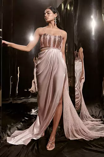 Pinkish Nude Embroidered Dress With Drape