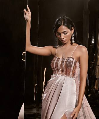 Pinkish Nude Embroidered Dress With Drape 3