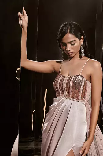 Pinkish Nude Embroidered Dress With Drape