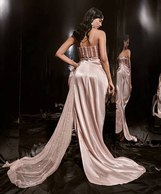 Pinkish Nude Embroidered Dress With Drape 4