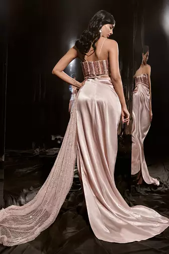 Pinkish Nude Embroidered Dress With Drape