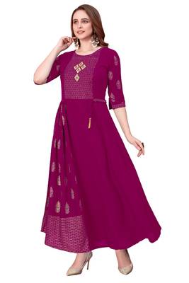 Magenta plain rayon long-kurtis 1
