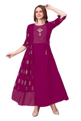 Magenta plain rayon long-kurtis 2