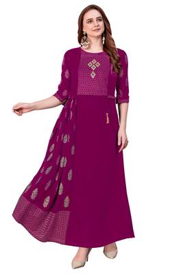 Magenta plain rayon long-kurtis 4