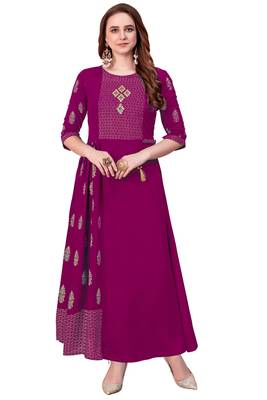 Magenta plain rayon long-kurtis 5