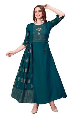 Turquoise plain rayon long-kurtis 1
