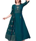 Turquoise plain rayon long-kurtis
