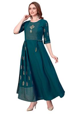 Turquoise plain rayon long-kurtis 2