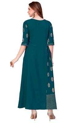 Turquoise plain rayon long-kurtis 3