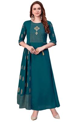 Turquoise plain rayon long-kurtis 4