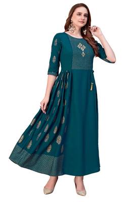 Turquoise plain rayon long-kurtis 5
