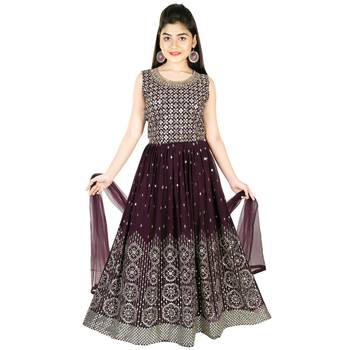 Wine embroidered faux georgette kids-skirts 1