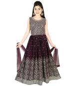 Wine embroidered faux georgette kids-skirts