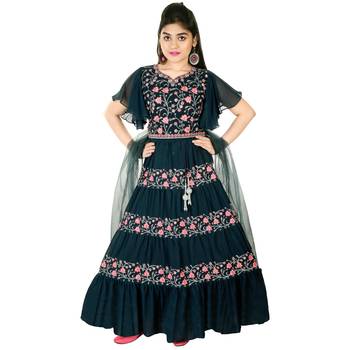 Blue embroidered faux georgette kids-skirts (3021_Parent) 1