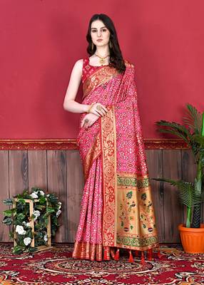 Pink Soft Raw Silk Digital Print Patola Saree with Blouse For Women 1