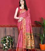 Pink Soft Raw Silk Digital Print Patola Saree with Blouse For Women