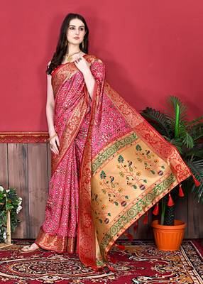 Pink Soft Raw Silk Digital Print Patola Saree with Blouse For Women 2