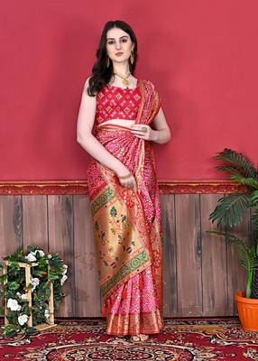 Pink Soft Raw Silk Digital Print Patola Saree with Blouse For Women 3