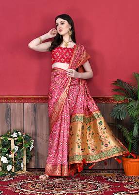 Pink Soft Raw Silk Digital Print Patola Saree with Blouse For Women 4