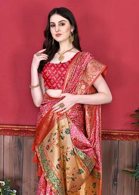 Pink Soft Raw Silk Digital Print Patola Saree with Blouse For Women 5
