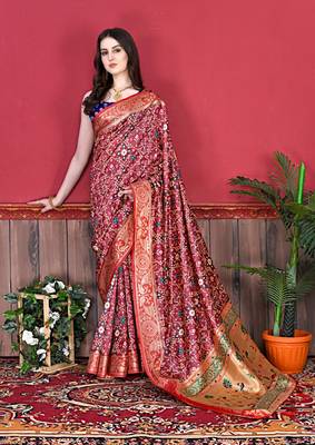 Maroon Soft raw silk digital print patola saree with blouse for women 2
