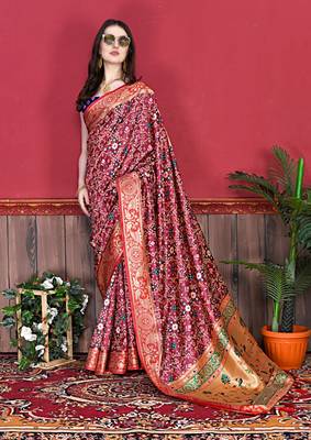 Maroon Soft raw silk digital print patola saree with blouse for women 3