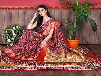 Maroon Soft raw silk digital print patola saree with blouse for women 4