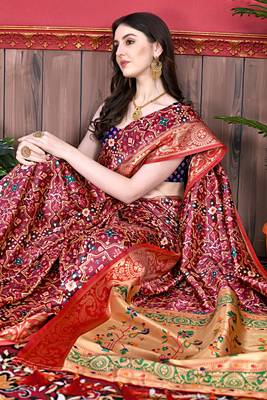 Maroon Soft raw silk digital print patola saree with blouse for women 5