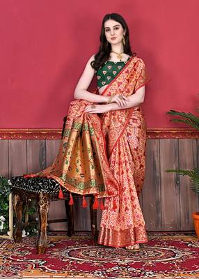 Red Soft Raw Silk Digital Print pPatola Saree With Blouse For Women 1