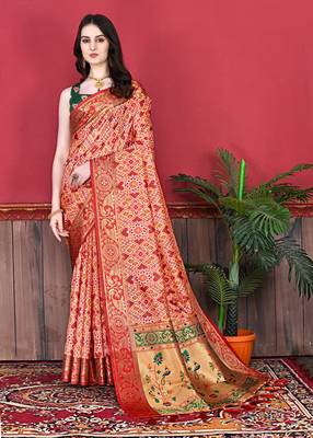 Red Soft Raw Silk Digital Print pPatola Saree With Blouse For Women 2