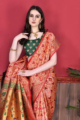 Red Soft Raw Silk Digital Print pPatola Saree With Blouse For Women 4