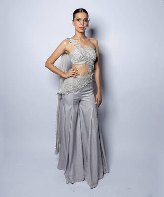 Lustrous Silver Pant With Hand Embroidered Drape Kurta Set 1