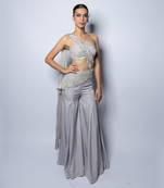 Lustrous Silver Pant With Hand Embroidered Drape Kurta Set