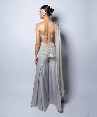 Lustrous Silver Pant With Hand Embroidered Drape Kurta Set 2
