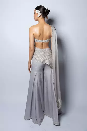 Lustrous Silver Pant With Hand Embroidered Drape Kurta Set