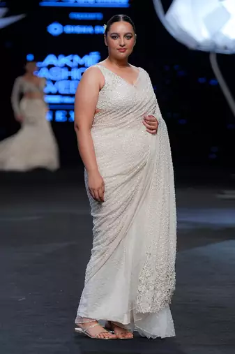 Argent White Hand Embroidered Pre Drape Saree Set