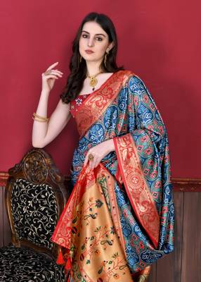 Blue Soft Raw Silk Digital Print Patola Saree with Blouse For Women 1