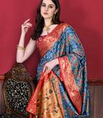 Blue Soft Raw Silk Digital Print Patola Saree with Blouse For Women